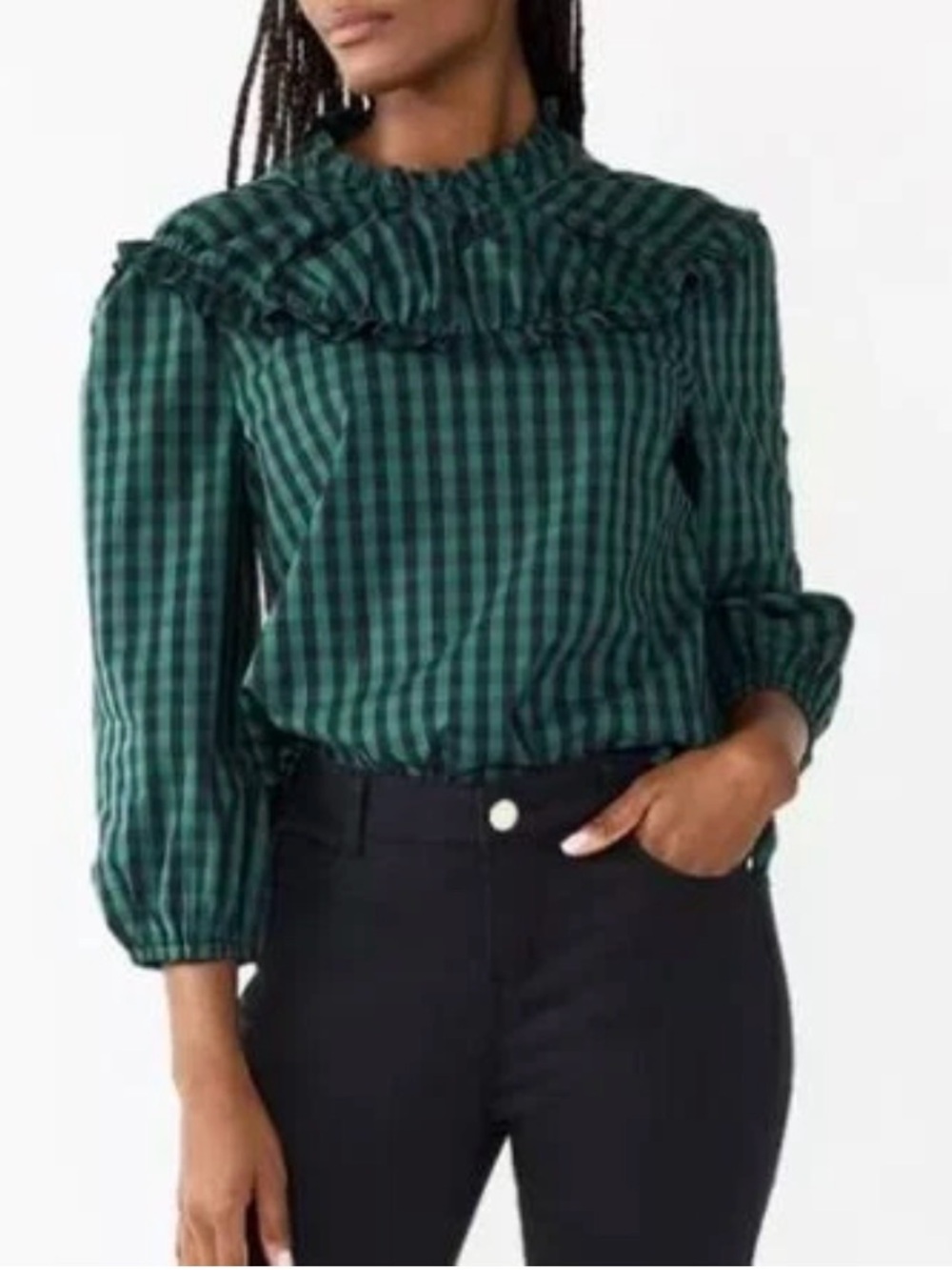 Draper James Green Gingham Ruffle Yoke Blouse